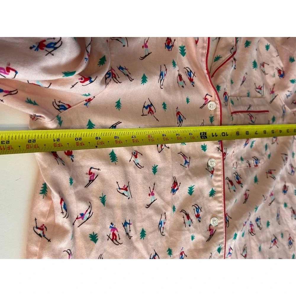 Lands End Womens L 14-16 Pajama Set Pink Ski Print Cotton Apres Ski Cozy Cabin